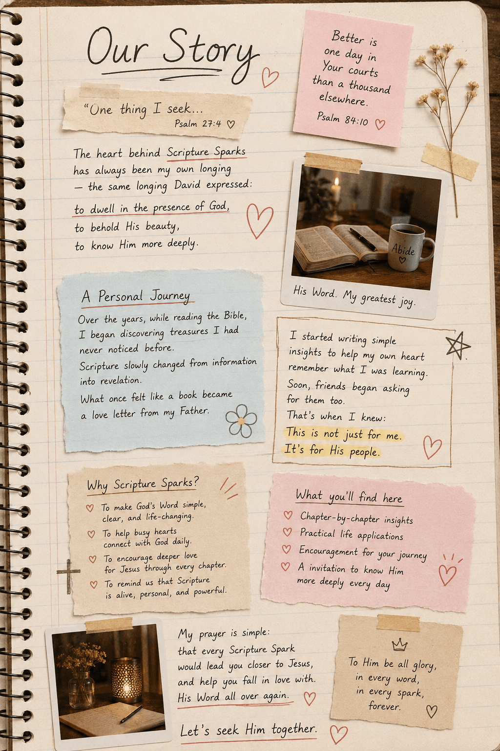 Our Story, handwritten on a notebook page, with the text transcribed above.